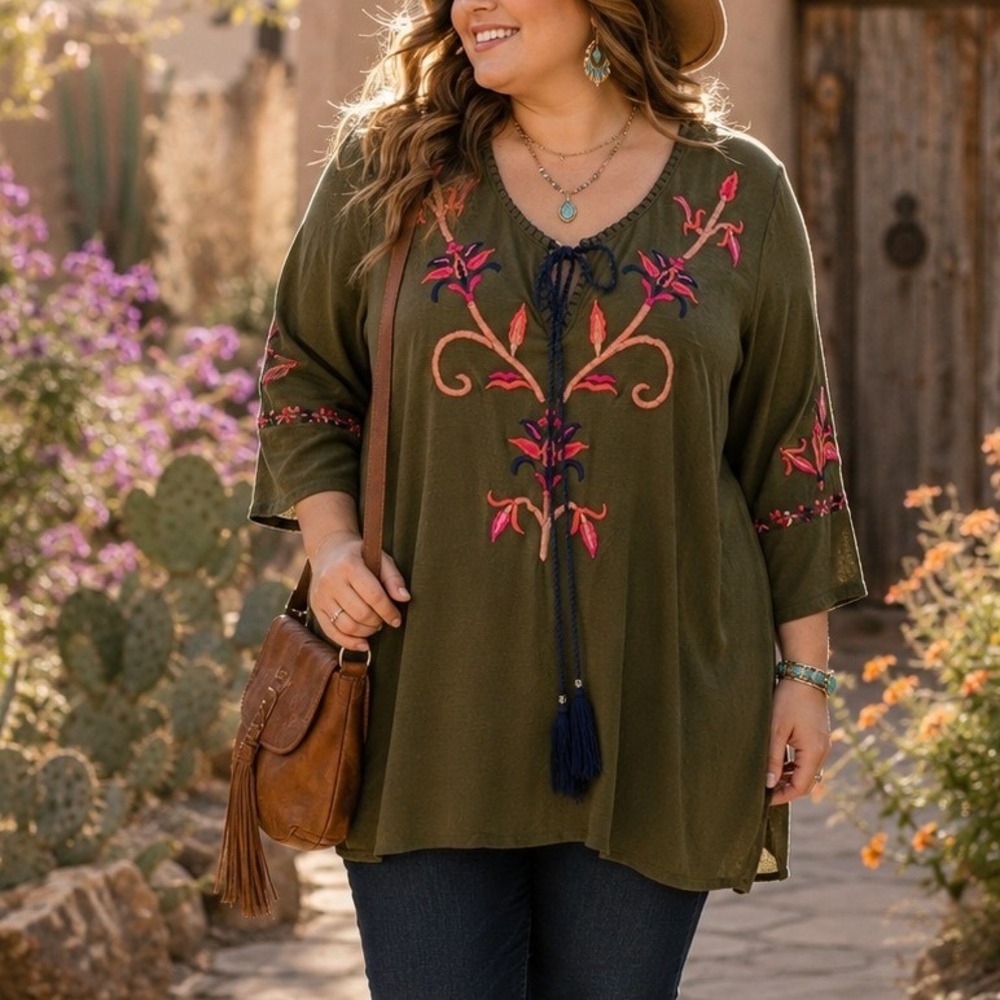 New Directions 1X Olive Embroidered Boho Tunic Top Tassel Tie Plus Size Festival